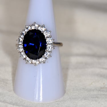 Gorgeous Princess Diana Engagement Ring Replica By KJL Lab Grown Royal Blue Sapphire Surrounded by Brilliant Cut Lab Grown Diamonds Sterling 