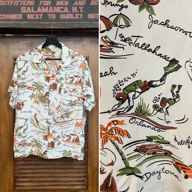 Vintage 1950’s Atomic Cartoon Florida Pattern Silky Rayon Hawaiian Shirt, Loop Collar, Original, 50’s Vintage Clothing 