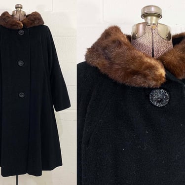 Vintage Black Winter Swing Coat Hockanum Wool Mink Collar Union Made Peacoat Jacket Hipster Boho Mod Large XL 1960s 1950s 