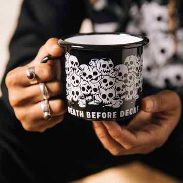 Death Before Decaf Enamel Coffee Mug | Food Pun Cup | Foodie Gift | Coffee Gift | Skull Mug | Gifts Under 25 | Funny Coffee Mug | Caffeine 