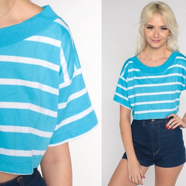 Striped Crop Top 90s Cropped Tee Blue White T-Shirt Retro Basic Casual Summer Boxy TShirt Streetwear Short Sleeve Vintage 1990s Small S 