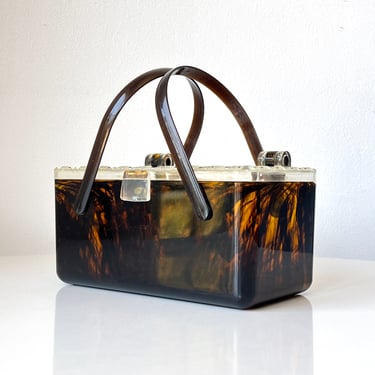 Vintage 50s Marbled Lucite Basket Style Box Purse 