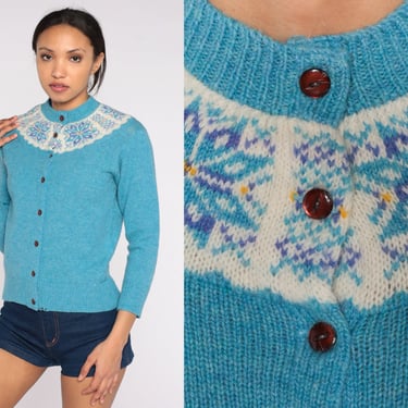 Wool Cardigan Sweater 60s Blue Button Up Icelandic Sweater Fair Isle Snowflake Grandma Sweater Boho Hippie Retro Knit Vintage 1960s Small 