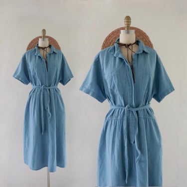 wide weave cotton dress - 2xl - vintage 90s y2k blue casual woven button front belted womens xxl plus size vintage dress 