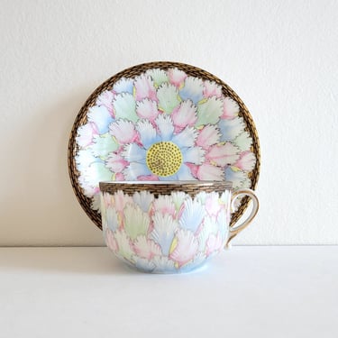 Vintage Eggshell China Teacup & Saucer, Floral Pastel and Gold Porcelain 