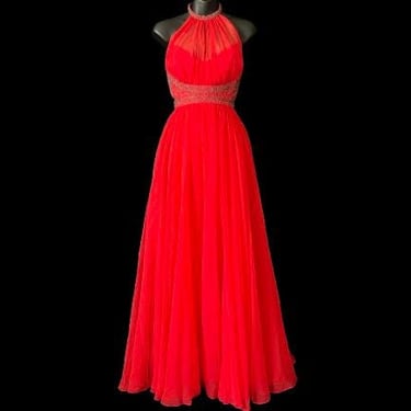 60s red bead formal gown vintage long vamp chiffon goddess gown small 