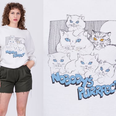 80s Nobody's Purrfect Cat Sweatshirt - Men's Medium, Women's Large | Vintage White Cute Kitten Graphic Animal Pullover 