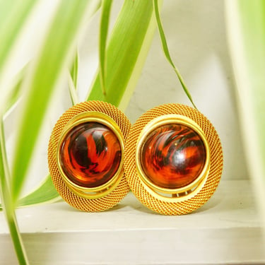 Vintage Gold-Tone Lucite Amber Clip-On Earrings, 80's Modernist Faux Amber Earrings, Chunky Gold Mesh Clip-On, Chunky, Dress-Up, 1 15/16&quot; L 