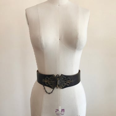Dark Brown Leather Waist Belt with Key Buckle - 1990s - By Dorothy Abbott 