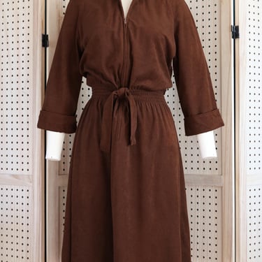 Vintage 70s Chocolate Brown Collared Zipper Front Shirtdress By Kenny Classics 