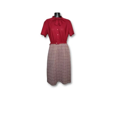 1970s VINTAGE Plaid Tweed Pencil Dress, Button Font Bow Tie Top, Secretary Office Assistant, Light Academia Belted Midi, Vintage Clothing 