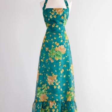 Gorgeous 1970's Emerald &amp; Gold Rose Gown  / Sz L