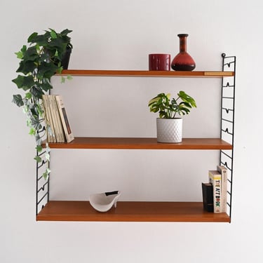 Vintage Scandinavian “Hylla” Teak Wall Shelf System with Geometric Black Metal Frame, 1960s 