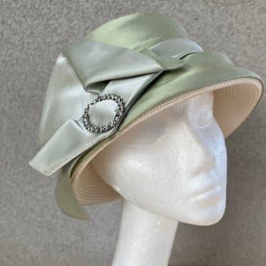 Vintage pastels green ribbon band straw bucket Church hat size 21.5” by Mr. Hi’s Classic Rhinestone accent 