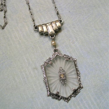 Antique 1920's Art Deco Sterling Camphor Glass Necklace, Camphor Glass Necklace, Sterling Deco Camphor Glass Pendant Necklace (#4001) 
