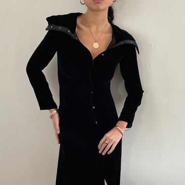 90s Armani velvet duster dress / vintage black velvet Giorgio Armani snap front cowl neck LBD dress duster made in Italy | Small 