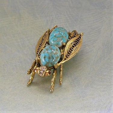 Vintage Rhinestone Bug Pin, Old Sweater Pin, Vintage Art Glass Bug Brooch Pin (#39830) 