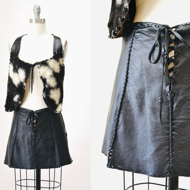 60s Vintage Black Leather Skirt and Vest Set Cow Hide Rodeo Cowgirl 60s Gogo Dancer Black leather Mini Skirt Top leather Cow Fur Vest Small 