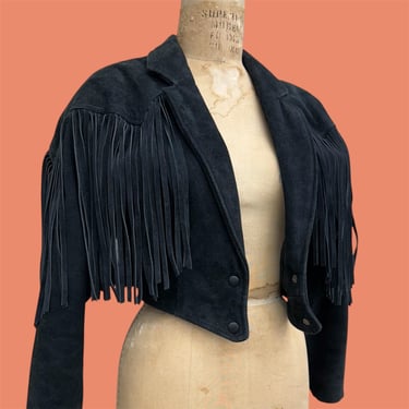 Vintage Fringe Suede Jacket Retro 1990s Chia + Size XS + Black + Western Wear + Cropped + Snap Front + Cowgirl + Leather + Womens Apparel 