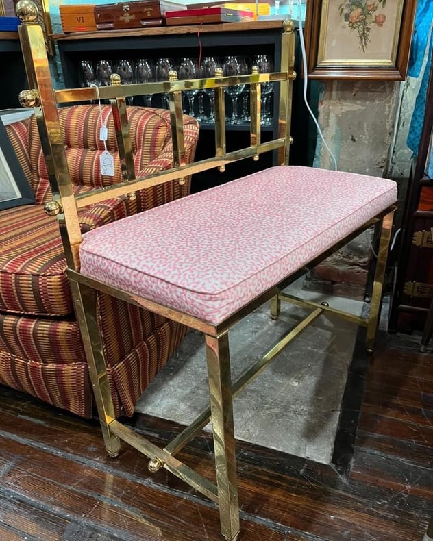 Brass vanity bench. 31.5” x 14” x 35.5” seat height 21” 