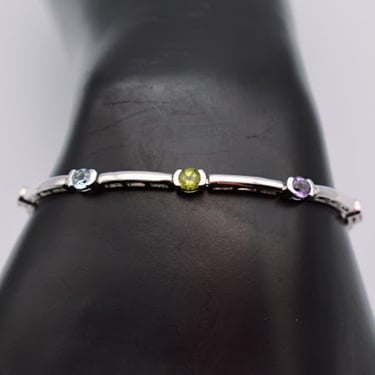 90's sterling bars garnet citrine aqua peridot amethyst bracelet, 925 silver geometric bling links bracelet 