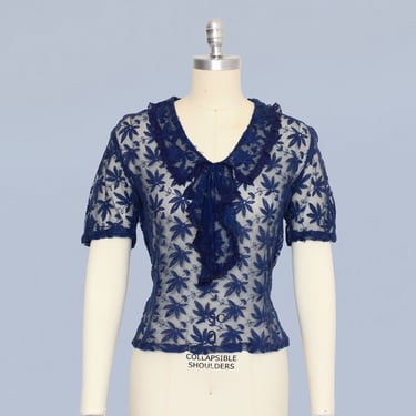 1930s Blouse / 30s Navy Mesh Jabot Blouse with Embroidered Flowers 