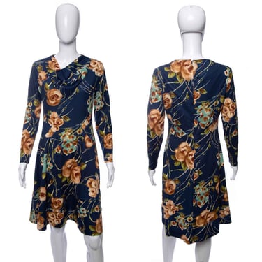 1970's Edith Flagg Navy Floral Printed Long Sleeve Dress Size M