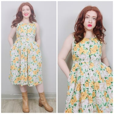 1960s Vintage Point Club Cotton Fit and Flare Dress / 60s / Sixties Yellow Floral Button Front Day Dress / Medium - Large 
