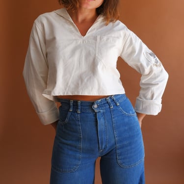 Vintage 60s Cropped Sailor Top/ 1960s US Navy Uniform Shirt/ Size Small 