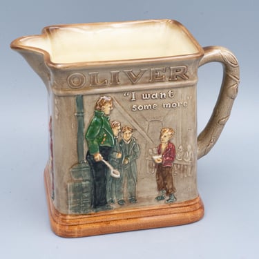 Royal Doulton Dickens Ware "Oliver Asks for More" Embossed Jug | Vintage British Seriesware Pottery English Oliver Twist Relief Pitcher 