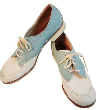 Vintage 50s Sealand Shoes Ladies Bowling or Saddle Lace Ups Blue White 10.5 