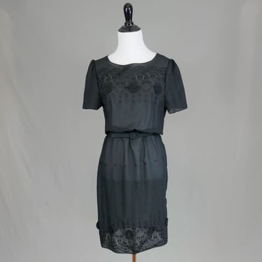 70s Sheer Black Dress - Embroidered Flowers Dots - Vintage 1970s - S 