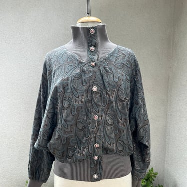 Vintage taupe grey blue paisley print bomber style fabric jacket Sz Medium by The Knit Studio 