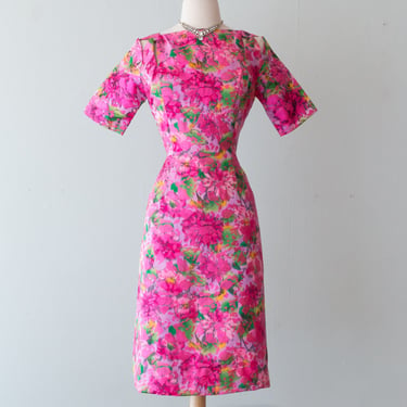 Luxurious 1960's Pink Floral Silk Brocade Couture Cocktail Dress / Medium