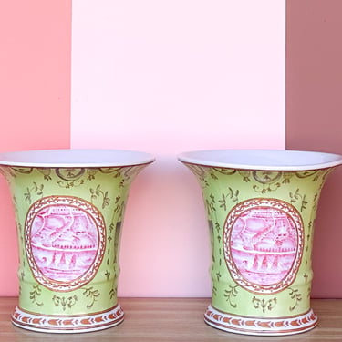Pair of Pink and Green Chinoiserie Vases