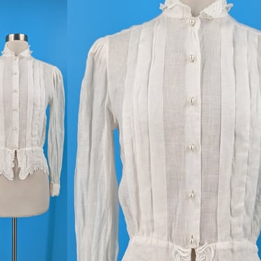 Eighties Marshall Fields Country Shop Small White Linen Pleated Long Sleeve High Collar Peplum Button Up Blouse with Lace and Pearl Buttons 