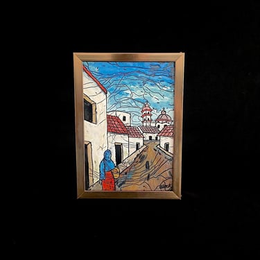 Vintage Enamel on Copper Plaque Painting by Mexican Artist: Domingo Block Enameled Copper Painting Town Scene 