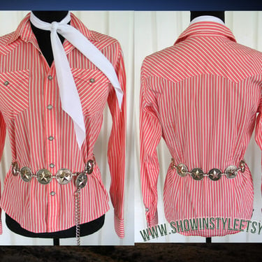 Ralph Lauren Vintage Western Retro Women's Cowgirl Shirt, Rodeo Blouse, Pink &amp; White Striped, Tag Size 6, approx. Small (see meas. photo) 