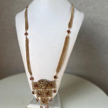 Vintage glam necklace chains gold tone lion theme with rhinestones 16” 