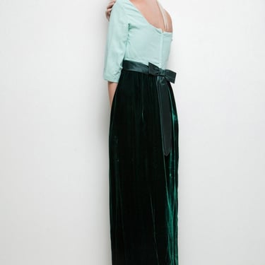 vintage 1950s 50s green velvet empire party dress gown maxi bow back M L MEDIUM LARGE 