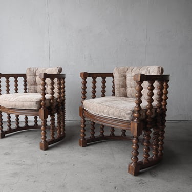 Pair of 1970's Spanish Revival Bobbin Barrel Chairs 