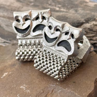 Vintage Mesh Cufflinks, Drama Masks, Comedy Tragedy, Wrap Around Style, Mid Century 