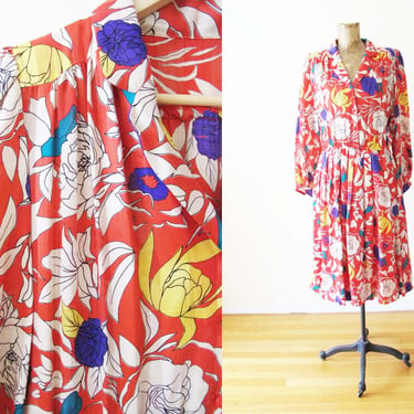 80s Floral Red Silk Midi Dress M - Vintage 1980s Colorful Botanical Full Skirt Midi Dress - Button Chest Dress - 80s Clothing 