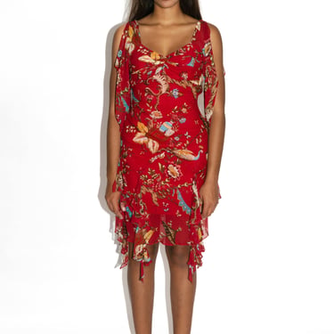 Sue Wong Red Floral Printed Silk Flutter Sleeve Ruffle Dress