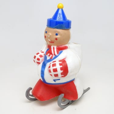 Vintage Rosbro Jolly Skater Candy Container for Christmas, Antique Plastic Rosen Toy Snowman on Ice Skates, Retro Decor 