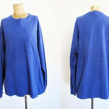90s J Crew Cotton Long Sleeve Pocket T Shirt L - Vintage 1990s Solid Bright Blue Baggy Oversized T Shirt 