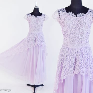 1950s Lavender Lace Prom Dress | 50s Pale Purple Long Lace Evening Gown 