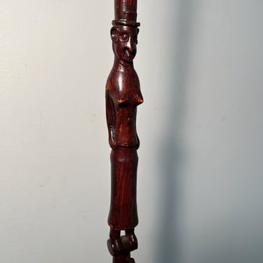 19th Century Folk Art Walking Cane with Figure and Snakes by Sailor - Rare 1800s Unusual Walking Stick - Stacked Intricate Carving - Maine 