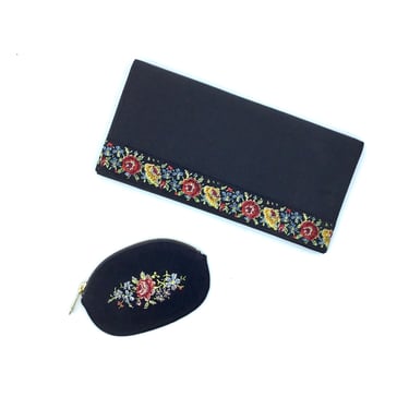 Vintage 1960s Black Floral Petit Point Clutch, Mid-Century Faille Fabric Evening Bag w/Matching Coin Purse, VFG 