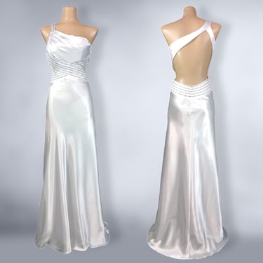VINTAGE 90s White Liquid Satin Old Hollywood Cold Shoulder Formal Dress | 1990s Avant Grade Embellished Open Back Wedding Bridal Gown | VFG 